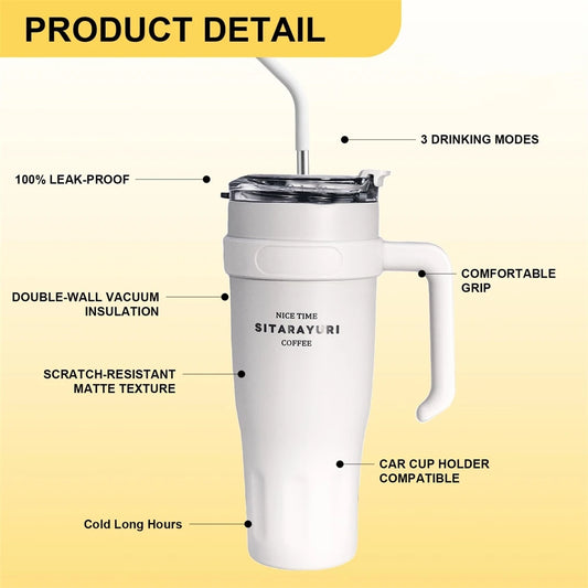 1pc Stainless Steel Ice Tumbler 38.55oz Insulated Cup with Handle & Straw Keeps Cold for 24 Hrs Car Insulation Cup Coffee Water