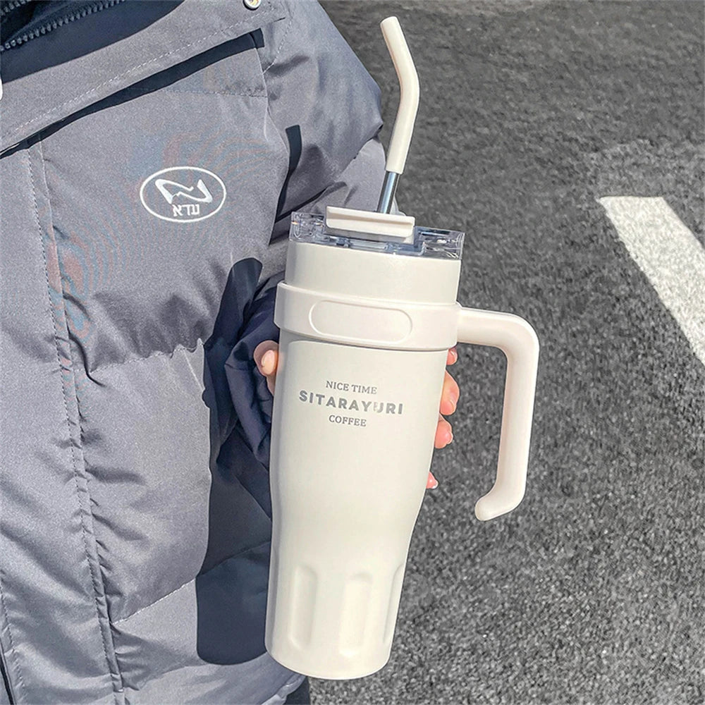 1pc Stainless Steel Ice Tumbler 38.55oz Insulated Cup with Handle & Straw Keeps Cold for 24 Hrs Car Insulation Cup Coffee Water