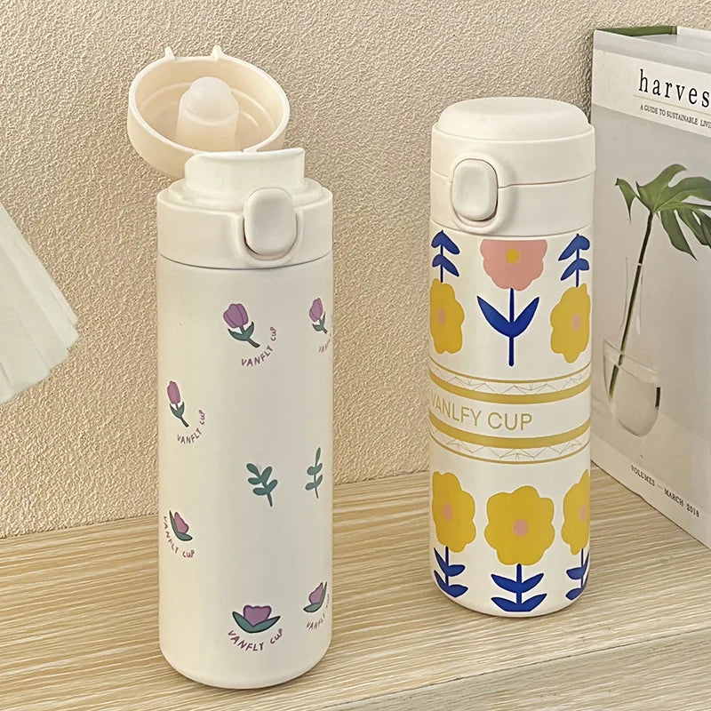 420ml Cute Cartoon Flower Tulip Thermos Cup with Buckle and Straw Milk Tea Coffee Mug Leak-Proof Thermos Cup Travel Water Bottle