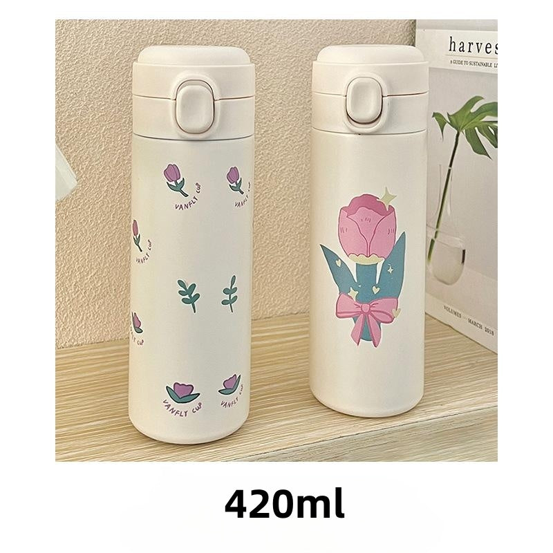 420ml Cute Cartoon Flower Tulip Thermos Cup with Buckle and Straw Milk Tea Coffee Mug Leak-Proof Thermos Cup Travel Water Bottle