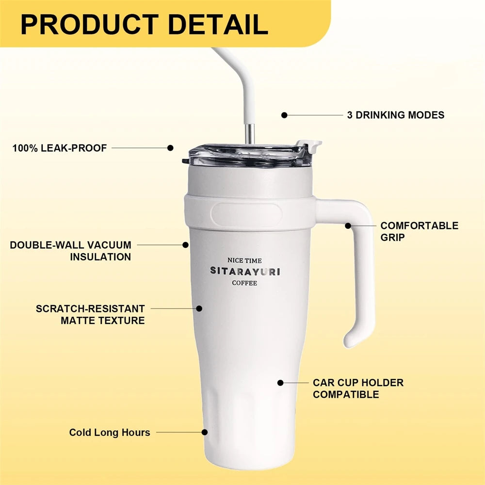 1pc Stainless Steel Ice Tumbler 38.55oz Insulated Cup with Handle & Straw Keeps Cold for 24 Hrs Car Insulation Cup Coffee Water