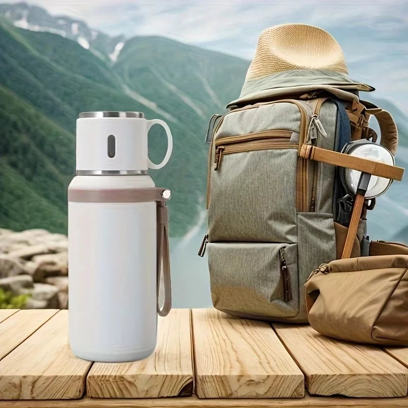 1pc 600ml Stainless Steel Thermos Cup Insulated Water Bottle With Cup Outdoor Camping Hiking Handheld Tumbler 24h Insulation