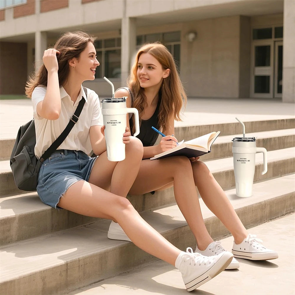 1pc Stainless Steel Ice Tumbler 38.55oz Insulated Cup with Handle & Straw Keeps Cold for 24 Hrs Car Insulation Cup Coffee Water