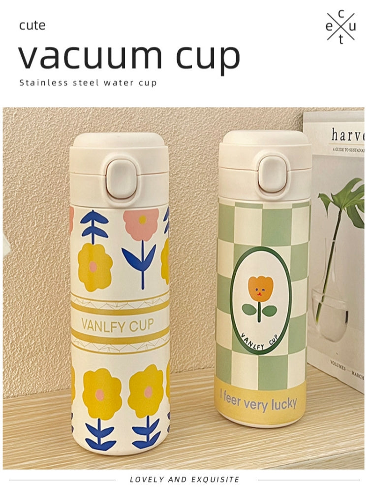 420ml Cute Cartoon Flower Tulip Thermos Cup with Buckle and Straw Milk Tea Coffee Mug Leak-Proof Thermos Cup Travel Water Bottle