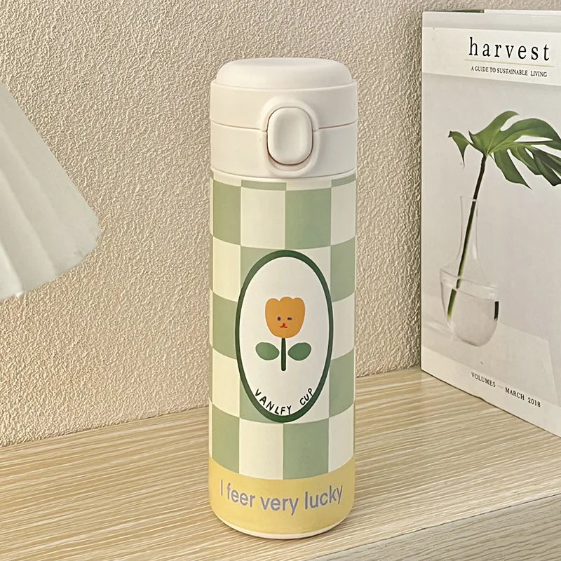 420ml Cute Cartoon Flower Tulip Thermos Cup with Buckle and Straw Milk Tea Coffee Mug Leak-Proof Thermos Cup Travel Water Bottle