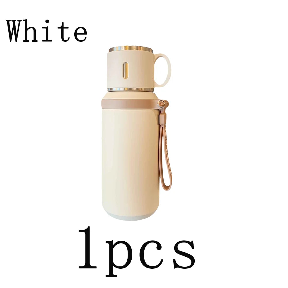 1pc 600ml Stainless Steel Thermos Cup Insulated Water Bottle With Cup Outdoor Camping Hiking Handheld Tumbler 24h Insulation