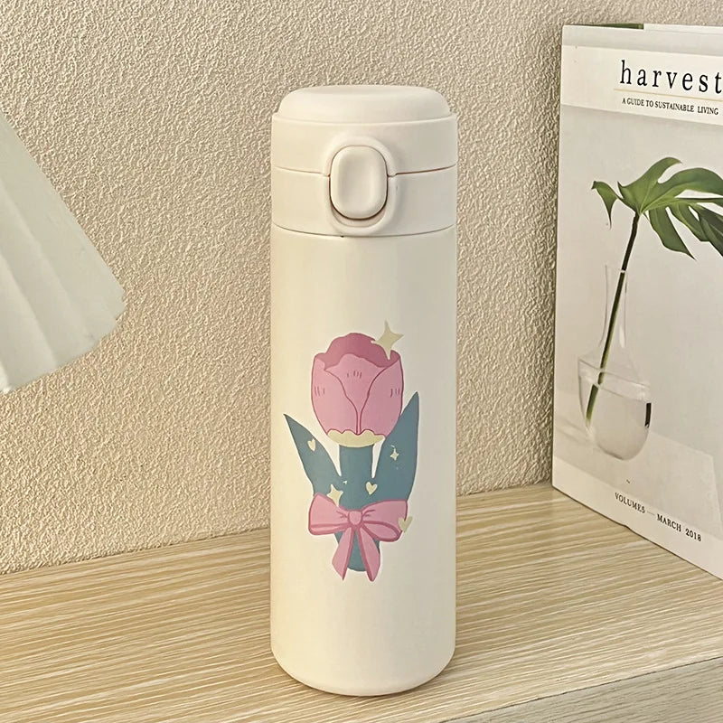 420ml Cute Cartoon Flower Tulip Thermos Cup with Buckle and Straw Milk Tea Coffee Mug Leak-Proof Thermos Cup Travel Water Bottle