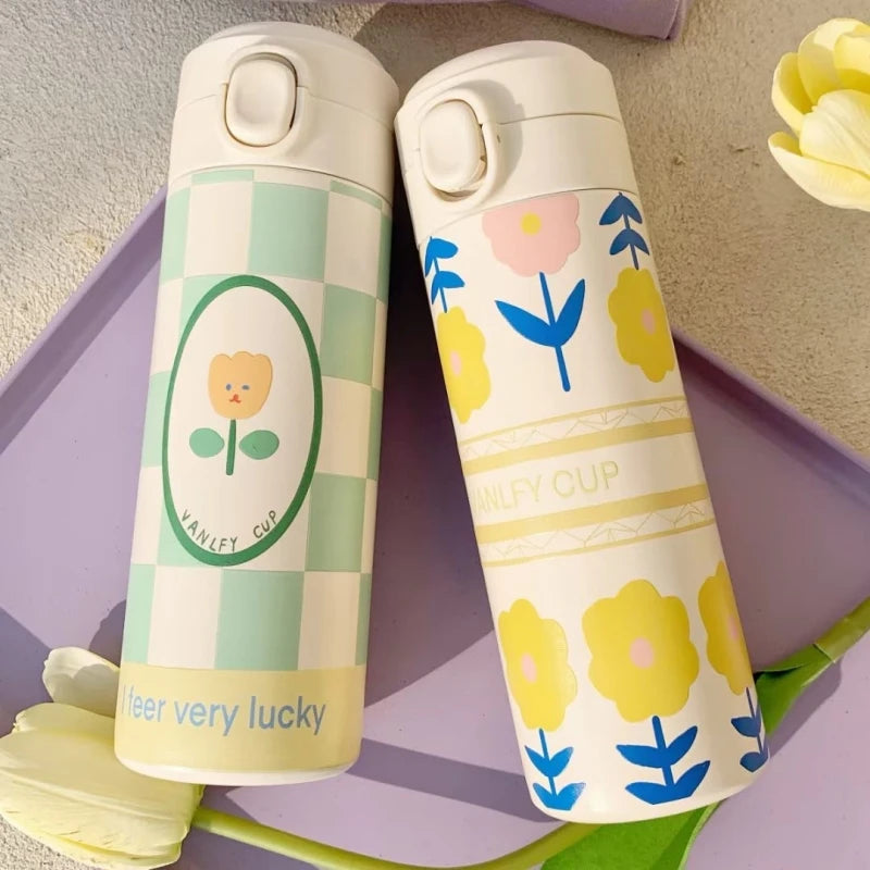 420ml Cute Cartoon Flower Tulip Thermos Cup with Buckle and Straw Milk Tea Coffee Mug Leak-Proof Thermos Cup Travel Water Bottle