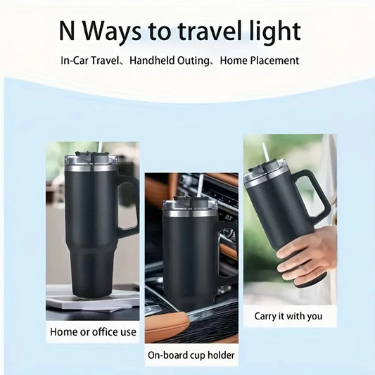 40oz Vacuum Insulated Stainless Steel Water Bottle w/Handle & Straw Lid, Double-Wall Travel Mug for Hot/Cold Drinks, Splash-Proo