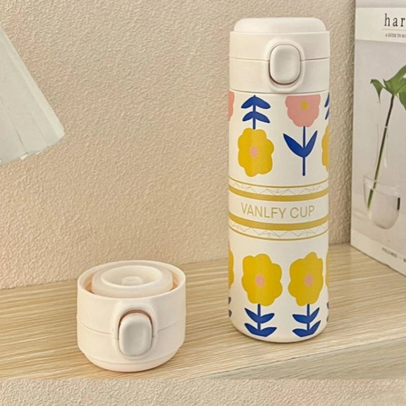 420ml Cute Cartoon Flower Tulip Thermos Cup with Buckle and Straw Milk Tea Coffee Mug Leak-Proof Thermos Cup Travel Water Bottle