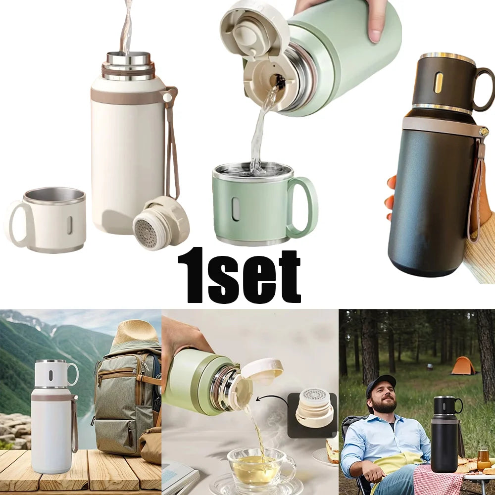 1pc 600ml Stainless Steel Thermos Cup Insulated Water Bottle With Cup Outdoor Camping Hiking Handheld Tumbler 24h Insulation