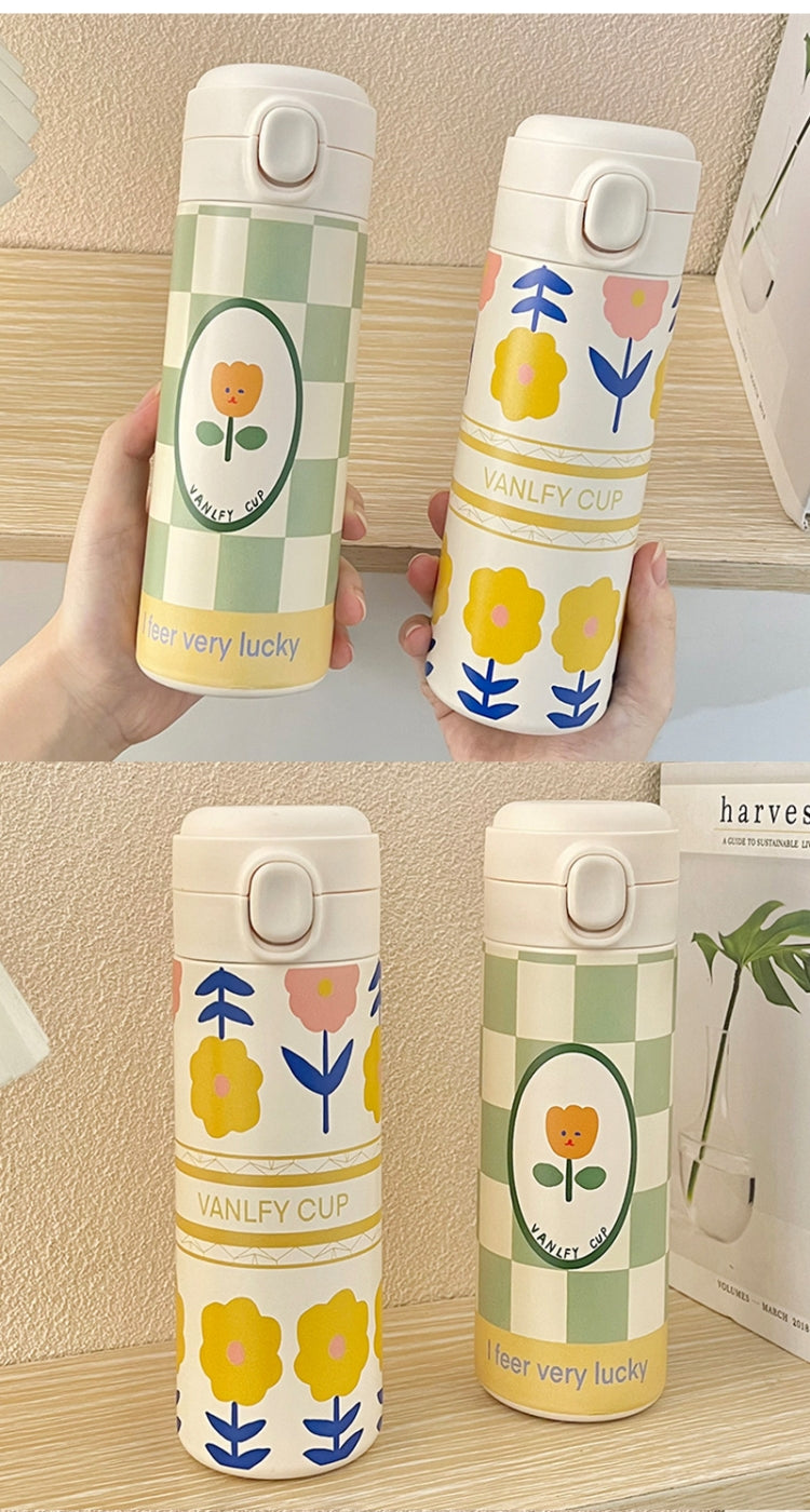 420ml Cute Cartoon Flower Tulip Thermos Cup with Buckle and Straw Milk Tea Coffee Mug Leak-Proof Thermos Cup Travel Water Bottle