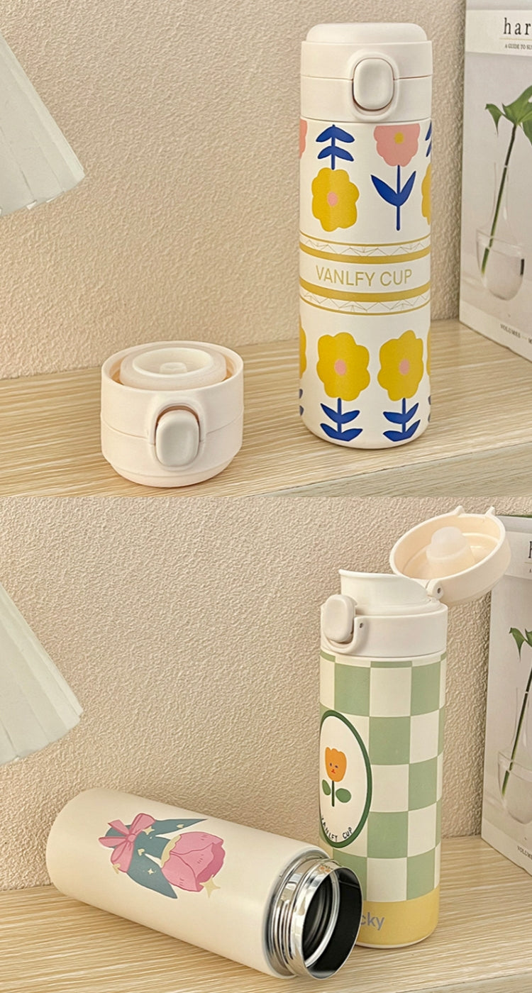 420ml Cute Cartoon Flower Tulip Thermos Cup with Buckle and Straw Milk Tea Coffee Mug Leak-Proof Thermos Cup Travel Water Bottle