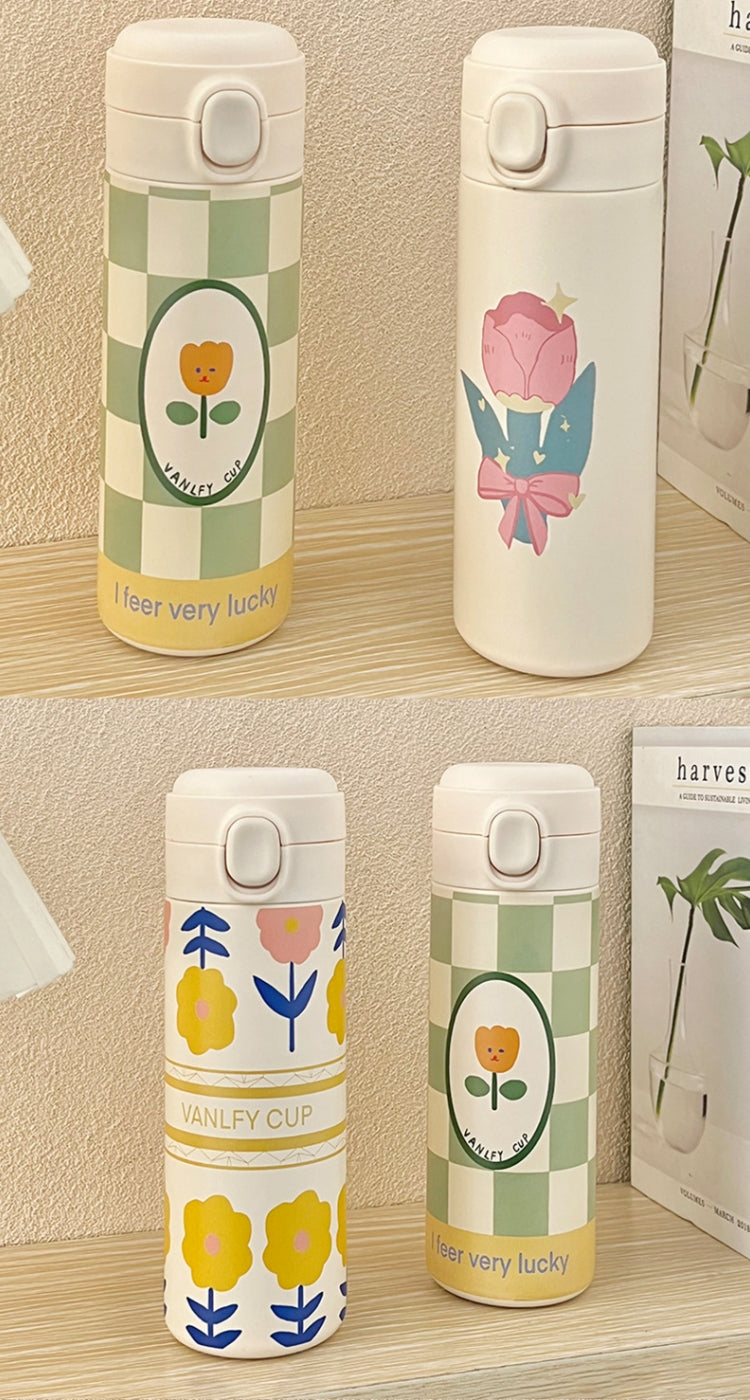 420ml Cute Cartoon Flower Tulip Thermos Cup with Buckle and Straw Milk Tea Coffee Mug Leak-Proof Thermos Cup Travel Water Bottle