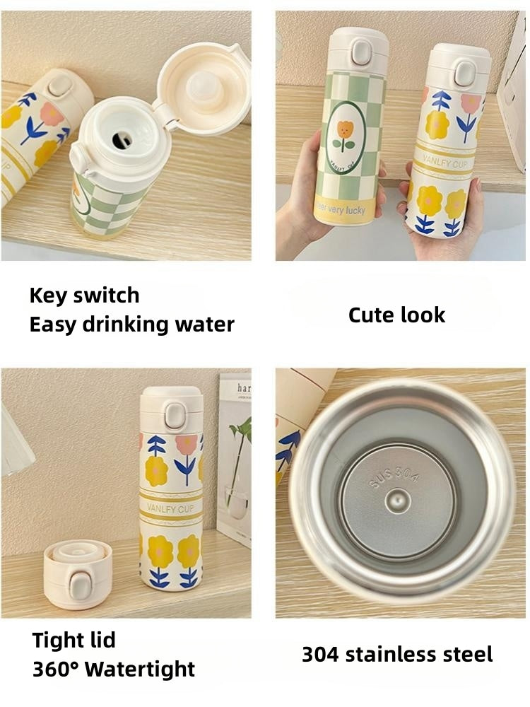 420ml Cute Cartoon Flower Tulip Thermos Cup with Buckle and Straw Milk Tea Coffee Mug Leak-Proof Thermos Cup Travel Water Bottle