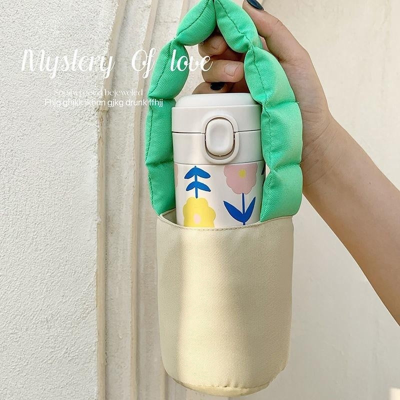 420ml Cute Cartoon Flower Tulip Thermos Cup with Buckle and Straw Milk Tea Coffee Mug Leak-Proof Thermos Cup Travel Water Bottle