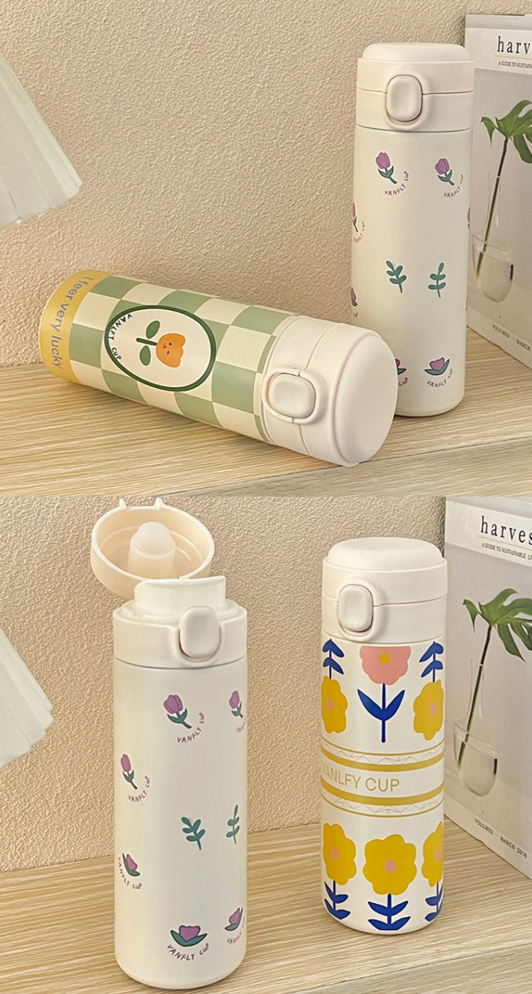 420ml Cute Cartoon Flower Tulip Thermos Cup with Buckle and Straw Milk Tea Coffee Mug Leak-Proof Thermos Cup Travel Water Bottle