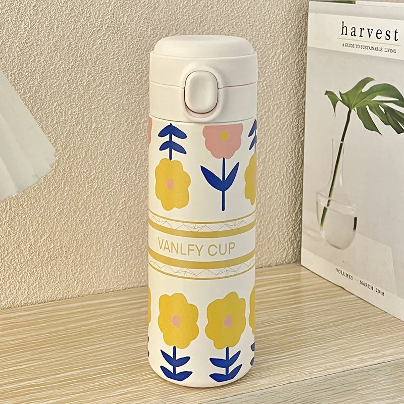 420ml Cute Cartoon Flower Tulip Thermos Cup with Buckle and Straw Milk Tea Coffee Mug Leak-Proof Thermos Cup Travel Water Bottle