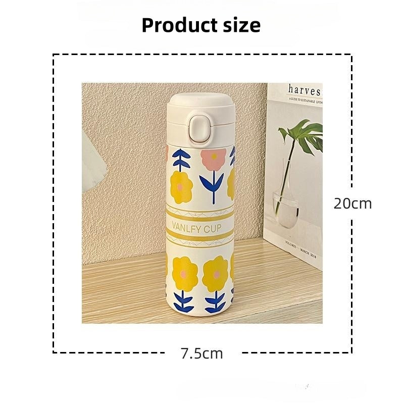 420ml Cute Cartoon Flower Tulip Thermos Cup with Buckle and Straw Milk Tea Coffee Mug Leak-Proof Thermos Cup Travel Water Bottle