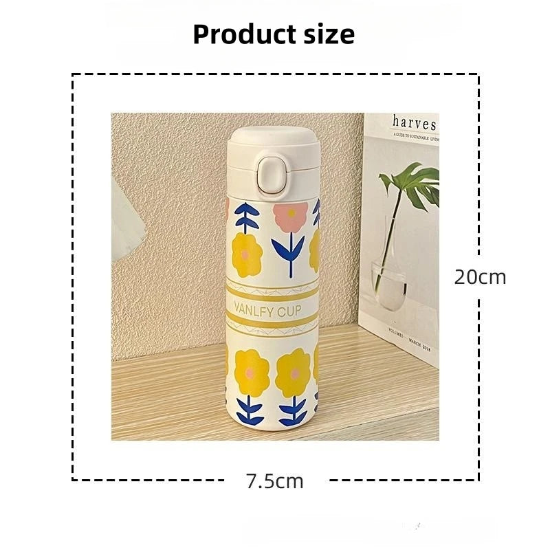420ml Cute Cartoon Flower Tulip Thermos Cup with Buckle and Straw Milk Tea Coffee Mug Leak-Proof Thermos Cup Travel Water Bottle