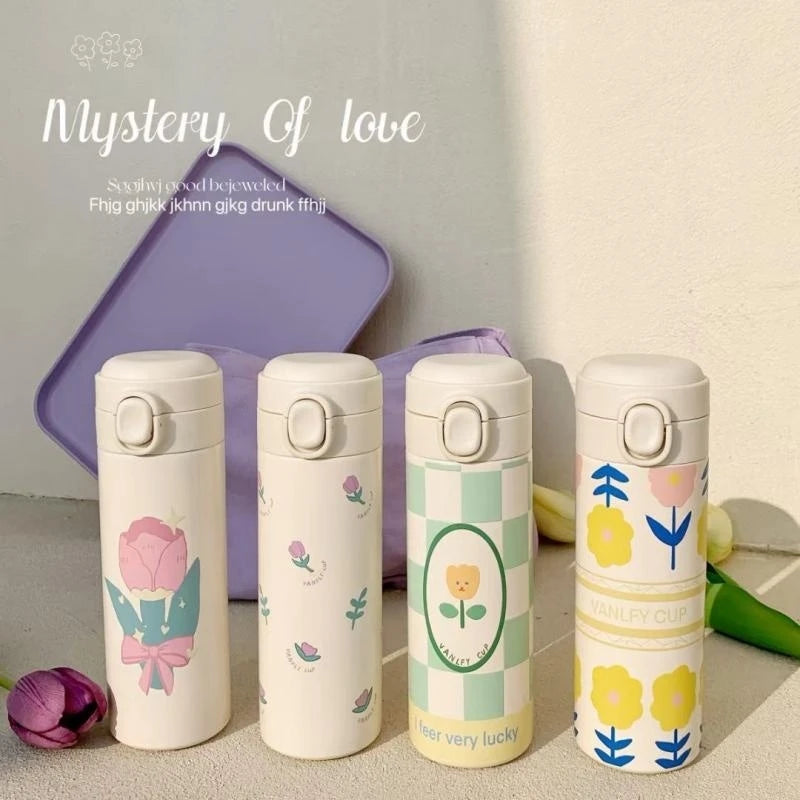 420ml Cute Cartoon Flower Tulip Thermos Cup with Buckle and Straw Milk Tea Coffee Mug Leak-Proof Thermos Cup Travel Water Bottle