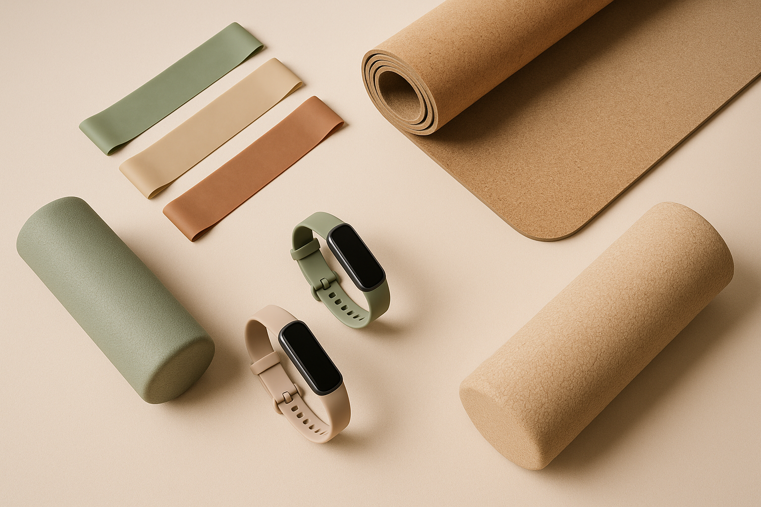 Create a sleek, modern design for the ‘Fitness & Health’ category, showcasing eco-friendly fitness products like resistance bands, yoga mats, foam rollers, and smart fitness trackers. Use neutral, earthy tones with pops of green, and display products with clear labels underneath, set against a soft, minimalistic background. just give me the more atoms not write any text there