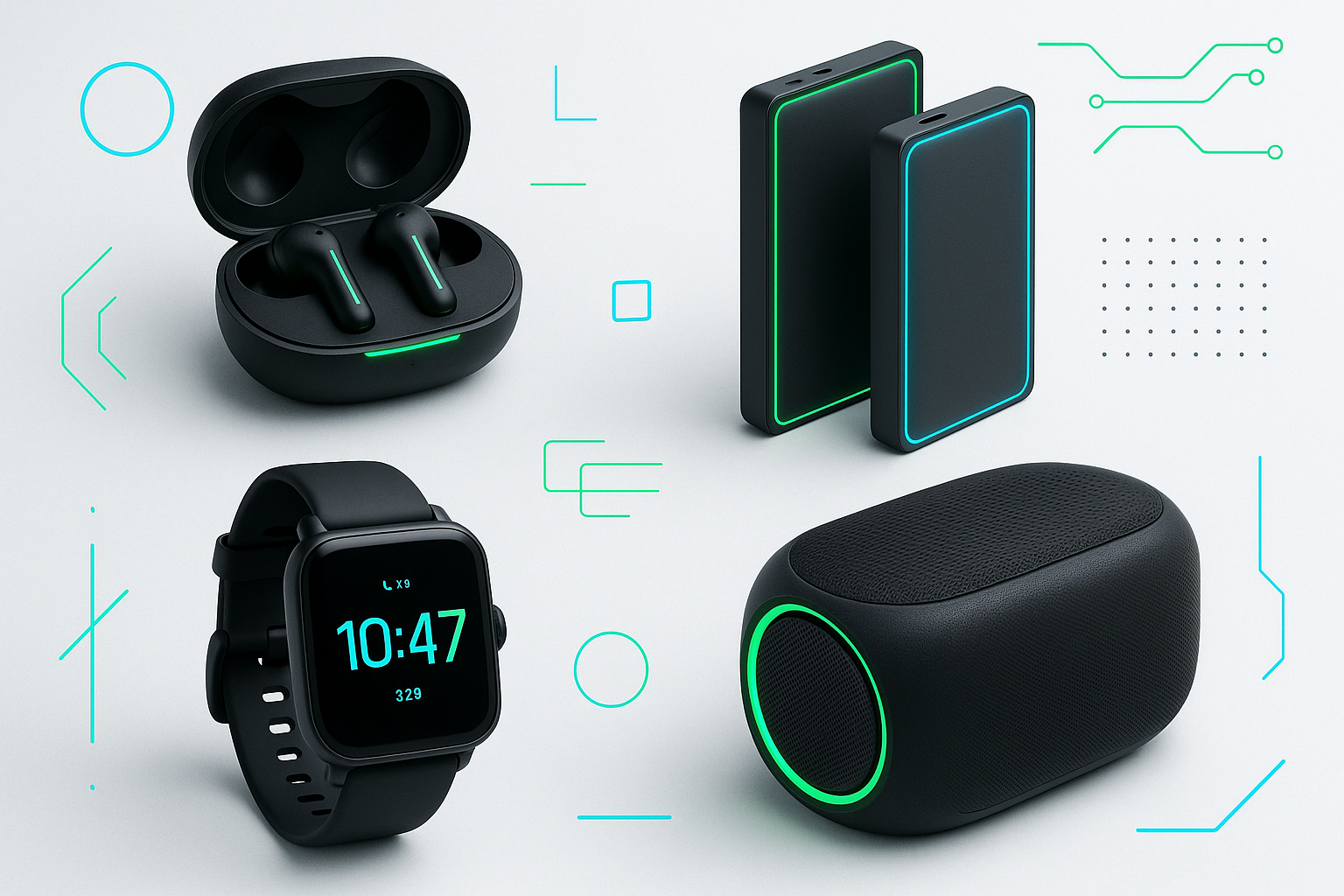 Create a sleek, modern design for the ‘Tech & Gadgets’ category, displaying eco-friendly tech items like wireless earbuds, portable power banks, smartwatches, and Bluetooth speakers. Use a futuristic, tech-inspired color palette with bold accents, and ensure each product is presented clearly with readable labels against a clean, minimal background.
just give me the more atoms not write any text there