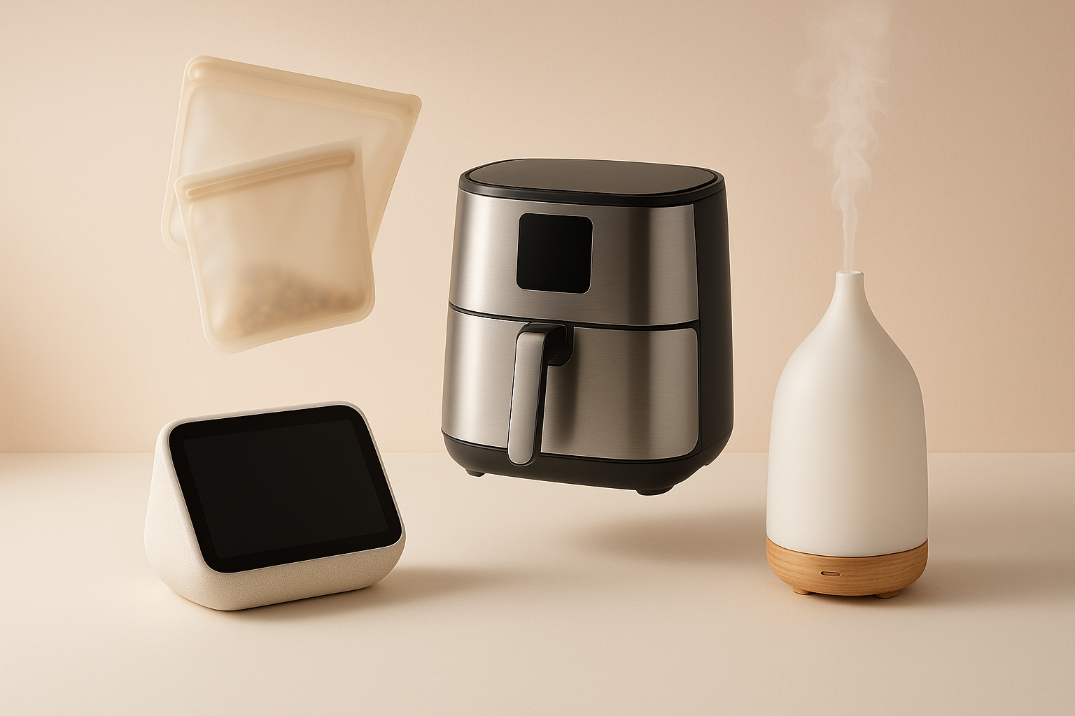 Create an inviting design for the ‘Home & Kitchen’ category, featuring products such as smart home devices, air fryers, essential oil diffusers, and reusable food storage bags. Opt for soft, warm tones with a touch of elegance, presenting each item clearly with readable labels against a minimalistic background.just give me more atoms not write any text there